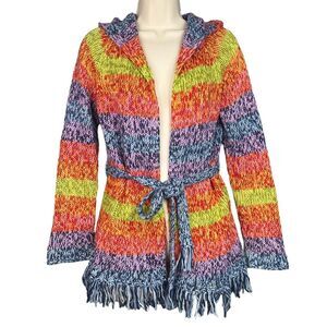 American Girl Girls L Cardigan Sweater Rainbow Stripe Wool Blend Fringe Hooded